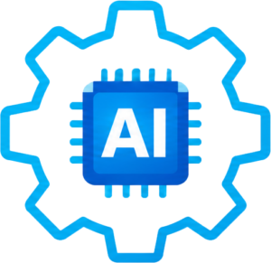 AI technology icon with gear and microchip design for Smart IT.