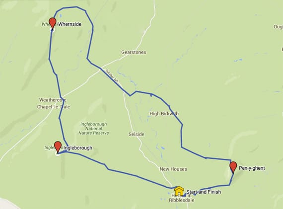 Map of the Yorkshire Three Peaks challenge route with start and finish points.