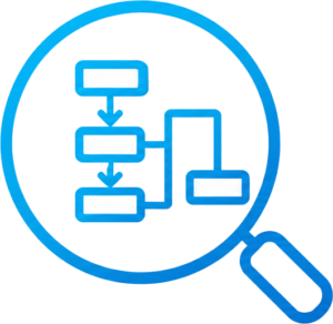 Magnifying glass over a flowchart diagram representing business processes.