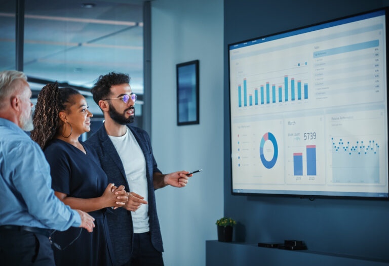Team discussing data analytics and charts on a large digital display.