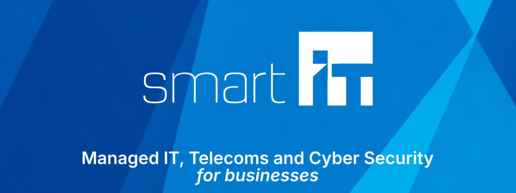 Smart IT logo with tagline on a blue background at a football event.